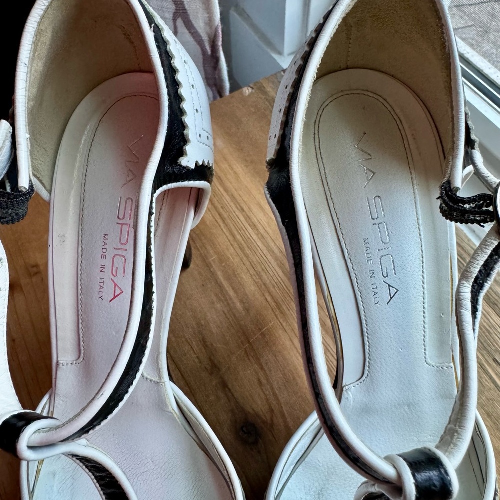 Via Spiga Leather B&W Spectator TStrap Peep Toe Platform Heel SZ 8 Made in Italy - Picture 5 of 8